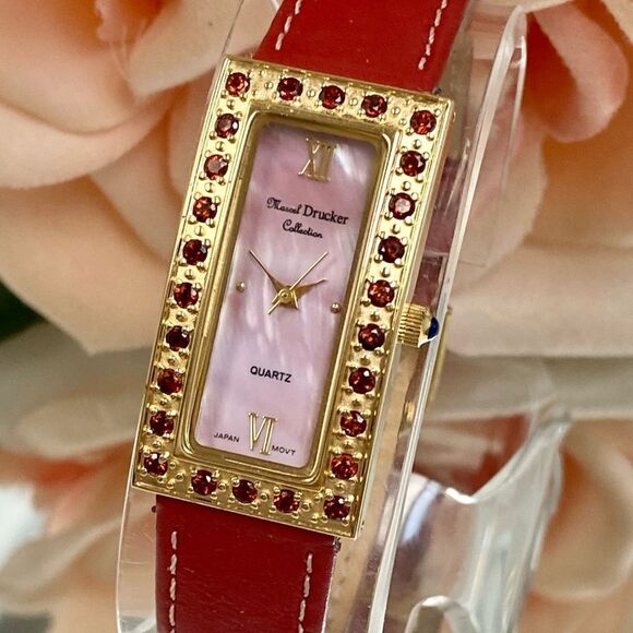 Marcel Drucker Red Gemstone Bezel Tank Style Watch with Pink MOP Dial - Picture 3 of 16
